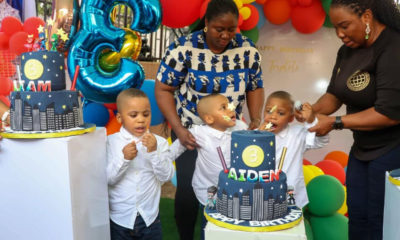 Precious absent as Femi Fani-Kayode throws birthday party for his triplet sons with new partner (photos)