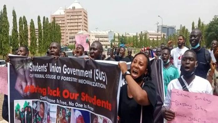 JUST IN: Parents of abducted Kaduna varsity students protest at National Assembly