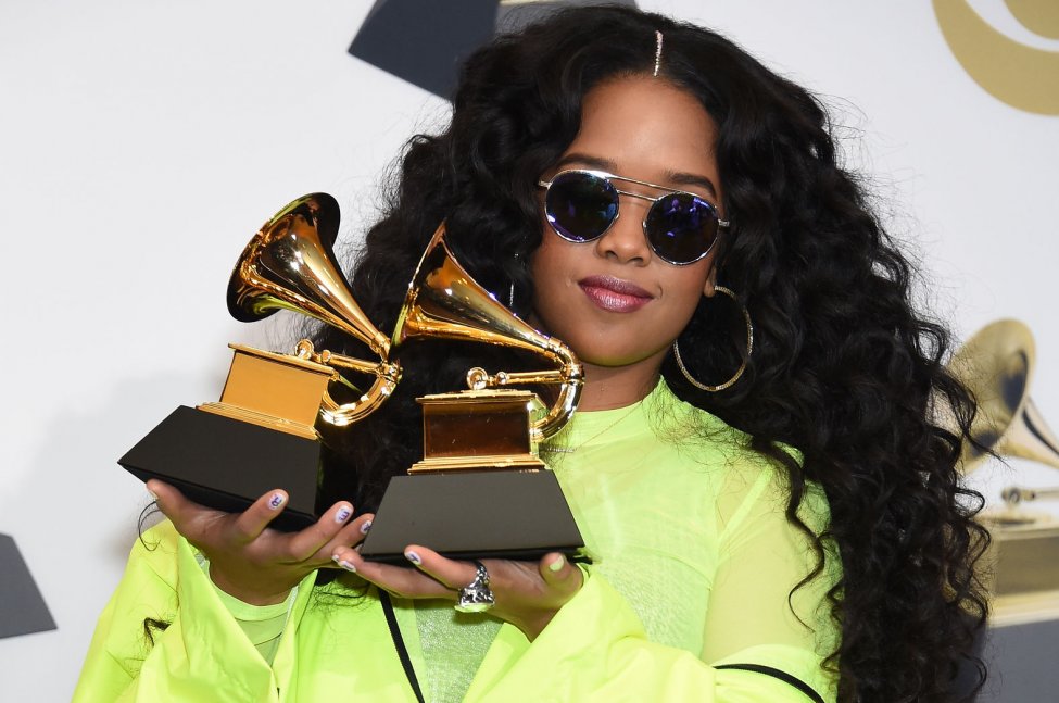 H.E.R showing off her first two Grammy's