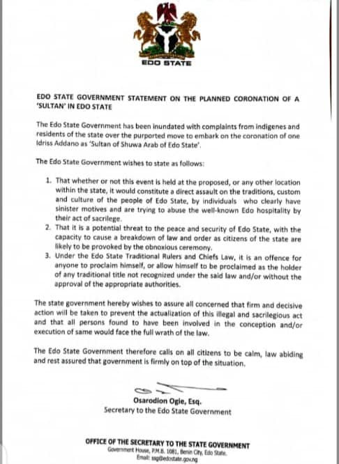 Edo State Government Statement on the Planned coronation of a 'Sultan' in Edo State 