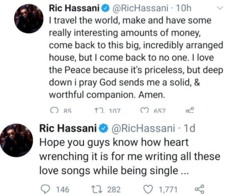 RIC HASSANI IN SEARCH OF TRUE LOVE- OPENS UP IN A POST ON TWITTER