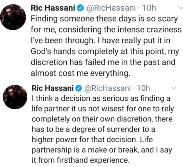 RIC HASSANI IN SEARCH OF TRUE LOVE- OPENS UP IN A POST ON TWITTER