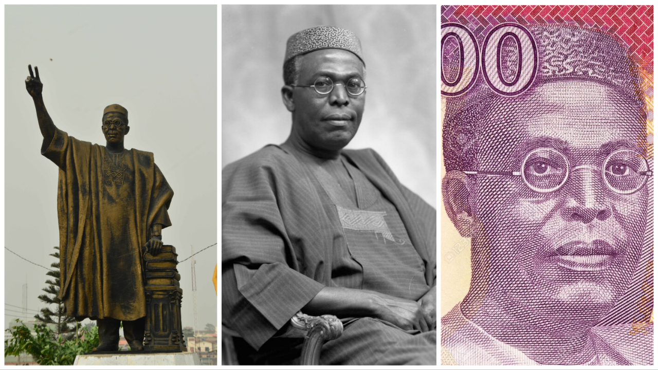 Collage of Chief Obafemi Awolowo, His Statue in Lagos State, and his image on 100 Naira note.