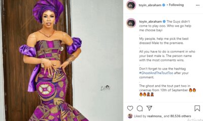 Reactions as Toyin Abraham officially recognises James Brown as one of the best-dressed males to her movie premiere