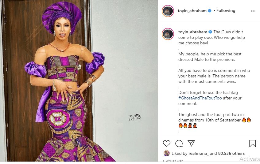 Reactions as Toyin Abraham officially recognises James Brown as one of the best-dressed males to her movie premiere