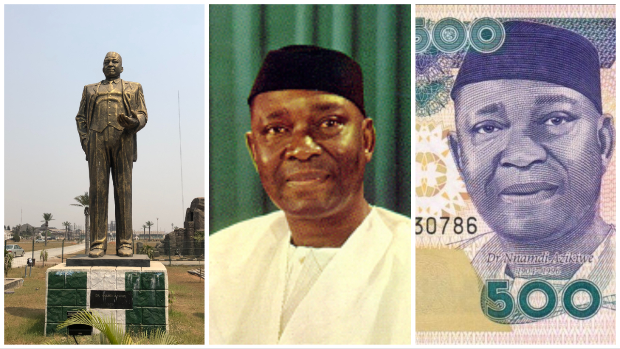Collage of Nnamdi Azikwe, His Statue in Imo State, and his image on 500 Naira note. 
