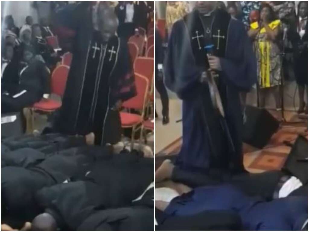 An emerging video of two pastors flogging their church members on the altar has caused an outrage on social media,