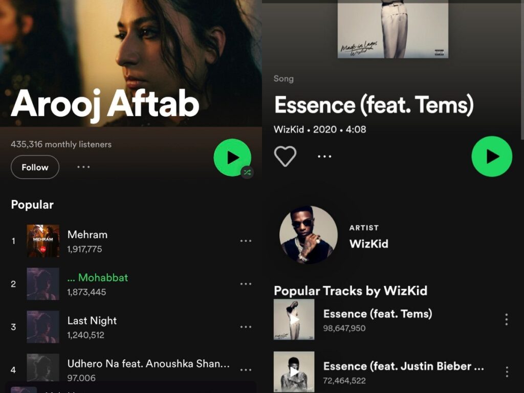 A comparison of Mohabbat and Essence Spotify Streams 