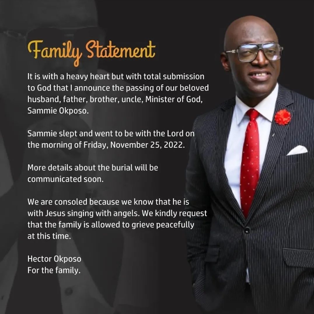Gospel Artist Sammie Okposo's Family Confirms His Demise With Statement